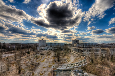 Lenin Square, view from Hotel Polissya in the ghost city of Pripyat near Chernobyl